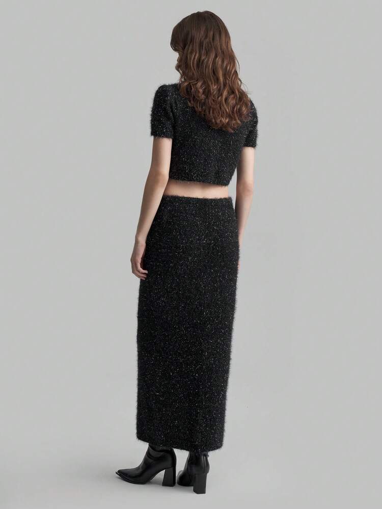 2pcs Women's Fashionable Short Sleeve Cropped Knit Top And Skirt Sweater Set, Autumn