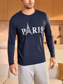 Manfinity Underwear&Sleepwear Basics Men's Letter Printed Round Neck Long Sleeve Casual Loungewear Top