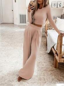 2pcs Women Slim Fit Long Sleeve Top And Wide-Leg Pants Set