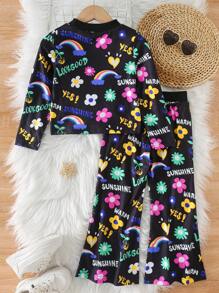 SHEIN 2pcs/Set Young Girl Casual Cartoon Printed Loose Fit Round Neck Long Sleeve Top And Elastic Waist Cartoon Printed Flared Pants Outfit