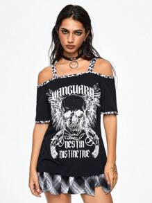 ROMWE Camiseta holgada para mujer de 2 en 1 con estampado de calavera y letras fuera del hombro