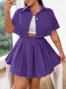 Flirla 大码女式纯色简约休闲短袖上衣和裙子两件套 - 紫色 - 查看 5