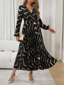 Chiquease Women's Spring & Summer V-Neck Lantern Sleeve Elegant Overlap Striped Foil Dress - Black - View 6