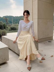 DAZY 纯色百褶女式针织裙，秋装 - 米色 - 查看 6