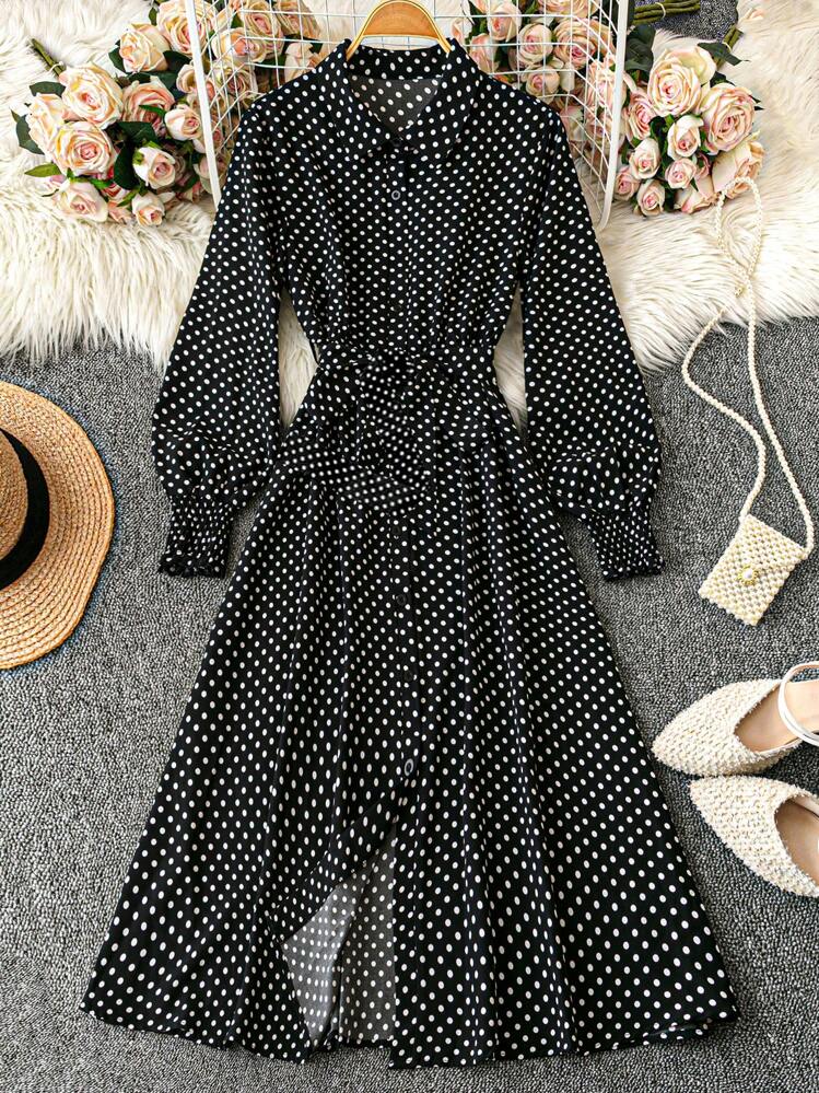 GlowEve Women's Elegant Polka Dot Print Lantern Sleeve Belted Shirt Dress  Maxi Women Outfit Fall Cloth For Women | SHEIN EUR