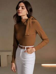 Anewsta 女士优雅纯色蝴蝶结肩部设计套头衫，适合秋季、冬季、外出、休闲、正式、派对、时尚、新年、圣诞节、工作、毕业、婚礼 - 棕色 - 查看 5