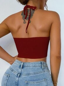 VaVaBold Women's Sexy Halter Micro Crop Top Burgundy Knitted Fabric Cut Out Tank Top - Burgundy - View 2