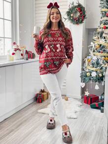SHEIN Essnce 大码女式秋冬休闲舒适宽松长袖套头衫红色姜饼雪花圣诞上衣 T 恤、圣诞服装、圣诞上衣、可爱上衣、红色上衣、节日服装、图案 T 恤、曲线圣诞、圣诞老人 - 紅色 - 查看 5