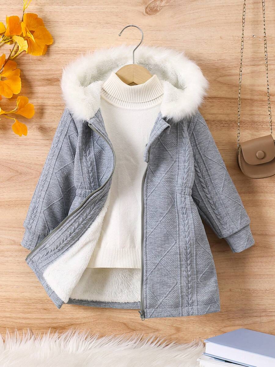 SHEIN Áo khoác dài tay có mũ trùm đầu cho bé gái, mùa đông, lông mịn - Xám - Xem 1