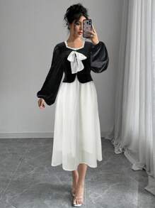 SHEIN Unity Lantern Sleeve Mesh Dress With Bow Decoration Fall Cloth For Women - Black and White - View 1