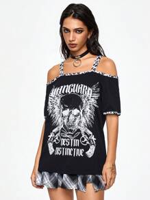 ROMWE Camiseta holgada para mujer de 2 en 1 con estampado de calavera y letras fuera del hombro