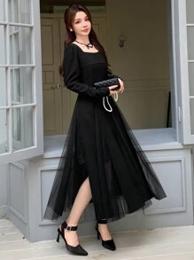 DAZY Women's Solid Color Square Neck Mesh Panel Ruffle Hem Long Sleeve Mid-Length Dress,Fall Clothes - Black - View 6
