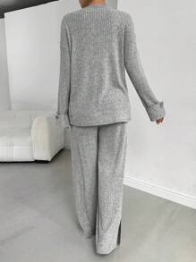 SHEIN Essnce 2pcs Women Autumn Casual Ribbed Knit Long Sleeve Split Hem Top And Pants Set,Casual Two Pieces Set,Women Outfit Sets,Fall Two Pieces Sets,
