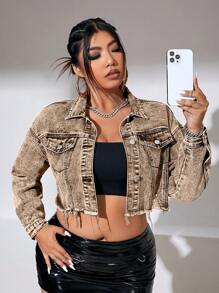SHEIN ICON Áo khoác denim tay dài giản dị màu trơn cỡ lớn có nút túi phía trước - màu nâu - Xem 1