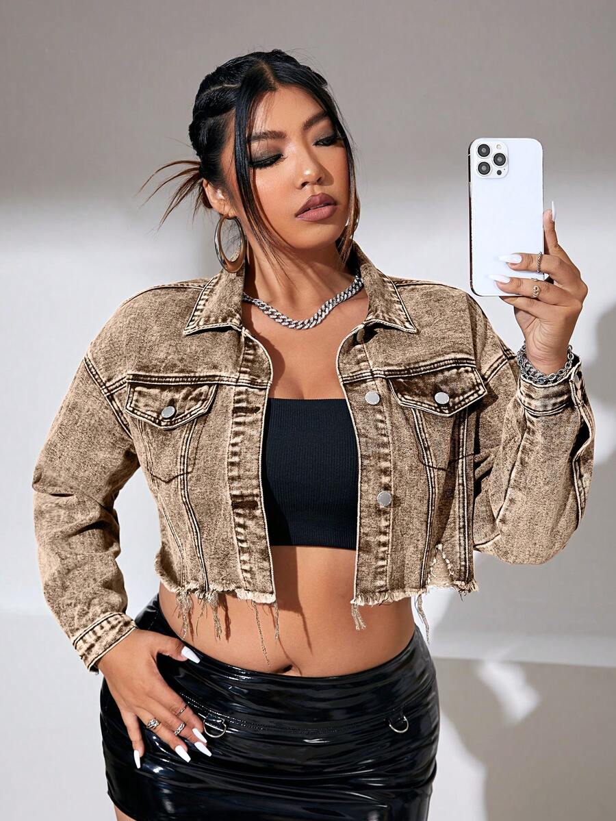 SHEIN ICON Áo khoác denim tay dài giản dị màu trơn cỡ lớn có nút túi phía trước - màu nâu - Xem 1