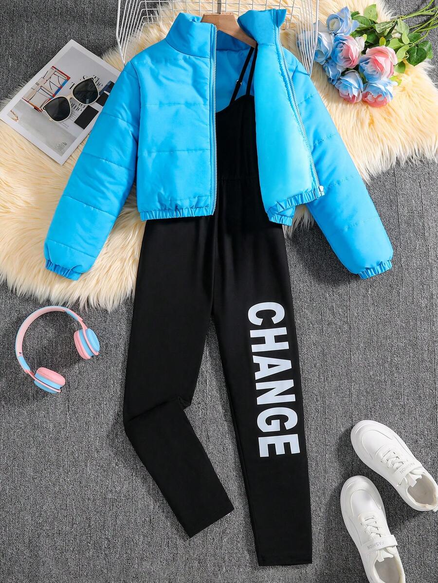 2pcs Tween Girl Puff Blue Padded Coat & Letter Print Leggings Set - Blue - View 1