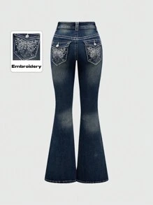 ROMWE J-Fashion Y2K 低腰复古水钻蝴蝶刺绣牛仔裤，学校风