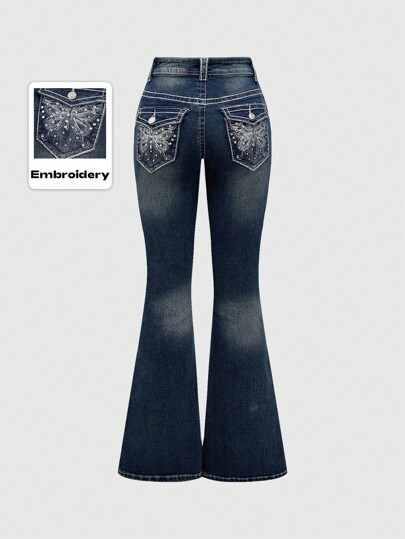 J-Fashion Jeans en denim vintage, à taille basse, avec papillon brodé de strass, Y2K, pour l'école