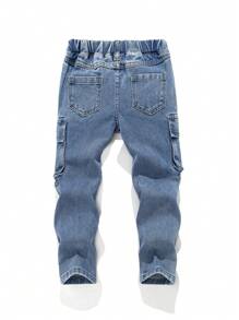 SHEIN 年轻男孩复古破洞工装口袋宽松蓝色牛仔锥形牛仔裤，适合年轻男孩校服/日常穿着秋冬装 - 中等水洗藍 - 查看 2