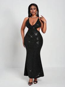 Slaydiva Black Glitter Knitted Long Dress, Elegant Hollow-Out Fitted Party Dress Suitable For Party, Valentine's Day, Date Night - Black - View 4
