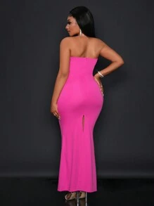 Slaydiva 新款优雅派对性感约会裹胸无袖钻石链装饰前中网眼镂空拼接后中高开叉修身长裙玫粉色针织女式高腰连衣裙-G