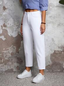 Casual Solid Color Tapered Pocket Fashion Relaxed Fit Jeans - White - View 4