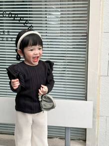 SHEIN 3pcs Set Baby Girls Autumn Casual Ruffled Trim Long Sleeve Tops - Black and White - View 10