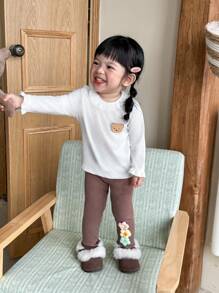 SHEIN 3 pièces Ensemble de hauts à manches longues avec col montant et broderie, style décontracté pour nouveau-nés et bébés filles, printemps automne
