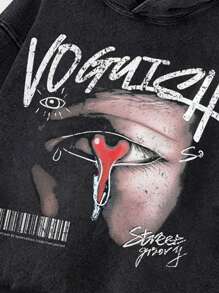 Manfinity ZONE917 Sudadera con capucha de caída de hombros negra con lavado de nieve, estampado de texto y grafiti vintage de estilo callejero con ojos rojos para el Día de Muertos y Halloween, para hombre, de gran tamaño