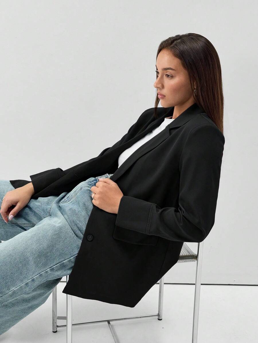 SHEIN Unity 女士休闲宽领长袖纯色西装外套，秋季 - 黑色 - 查看 1