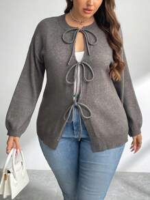 SHEIN Privé Plus Size Casual Elegant Simple Gray Long Sleeve Crew Neck Tie Cardigan For Women, Fall/Winter