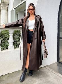 SHEIN EZwear Plus Size damski płaszcz typu trencz ze skóry PU ze ściągaczem w pasie i podszewką, jesień zima