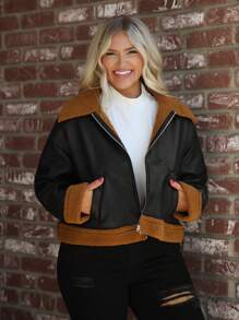 SHEIN LUNE Plus Size Stand Collar Zipper Contrast Color Long Sleeve Casual Fashion Jacket Thanksgiving Outfit/Leather Jacket Plus Size /Hollowed Costumes Holiday Outfit