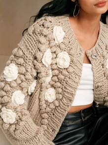 Anewsta 圆领长袖厚针织宽松休闲毛衣外套，秋冬 - 卡其色 - 查看 6