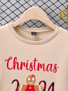 2 件成人和婴儿匹配圣诞主题图案印花圆领运动衫，保暖内衬，休闲保暖 - 駝色 - 查看 6