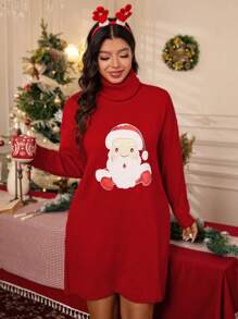 SHEIN LUNE Vestido sudadera de cuello alto con estampado navideño de dibujos animados talla grande para mujer, ropa de otoño e invierno - Rojo - Ver 4