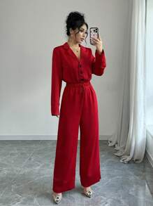 Chiquease 优雅 V 领长袖连体裤，适合新年服装 - 紅色 - 查看 3