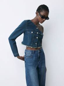 Maija 1 chiếc áo khoác denim dài tay một bên vai màu xanh dành cho nữ - Rửa trung bình - Xem 6
