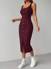 Muchica 女式夏季休闲条纹前纽扣修身长裙 - 藍色 - 查看 6