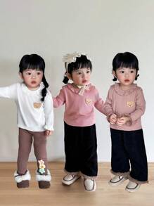 SHEIN 3 pièces Ensemble de hauts à manches longues avec col montant et broderie, style décontracté pour nouveau-nés et bébés filles, printemps automne