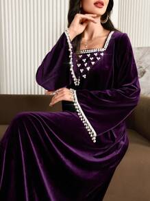 Al Najma Women's Faux Pearl Decor Square Neck Bell Sleeve Elegant Arabian Dress, Elegant Modest Long Sleeve A Line Arabian Dresses, For Evening Party/Wedding Guest/Anniversary - Purple - View 6