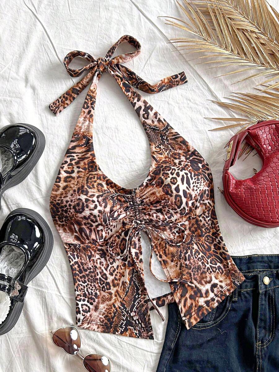 Soleia Women's Vacation Leopard Print Drawstring Ruched Front Tie Neck Camisole - Multicolor - View 1