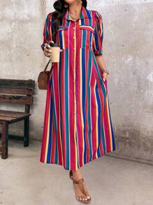 SHEIN LUNE Vestido camisa con botones delanteros, con bloques de color y rayas, tallas grandes, otoño