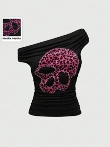 ROMWE Grunge Punk 女款韩流辣妹性感不对称领豹纹骷髅图案修身T恤 - 黑色 - 查看 1