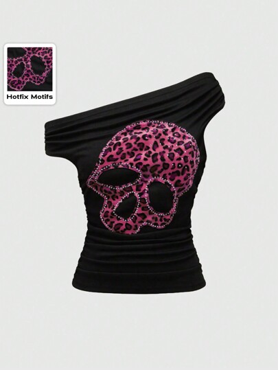 Grunge Punk Camiseta ajustada con cuello asimétrico, estampado de leopardo y calavera, estilo Gyaru Kpop sexy para mujer
