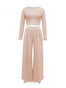 2pcs Women Slim Fit Long Sleeve Top And Wide-Leg Pants Set
