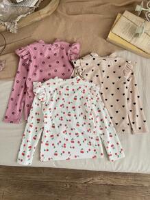 SHEIN LMoss Kids LMoss 3 件套年轻女孩针织花卉荷叶边领休闲 T 恤 - 彩色 - 查看 2