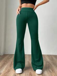 SHEIN EZwear 1pc Women's Knit Olive Green Skinny Flare Pants - Dark Green - View 5