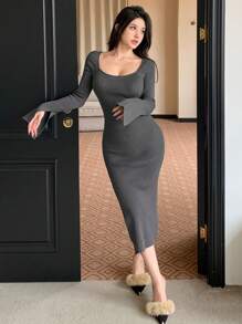 DAZY Women Square-Neck Solid Color High-Split Fitted Sweater Dress