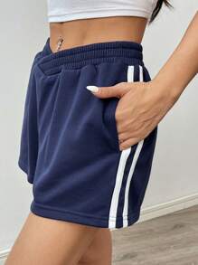 StreetHx Quần short cạp thấp đơn giản họa tiết chắp vá màu trơn dành cho nữ - Xanh đậm - Xem 5